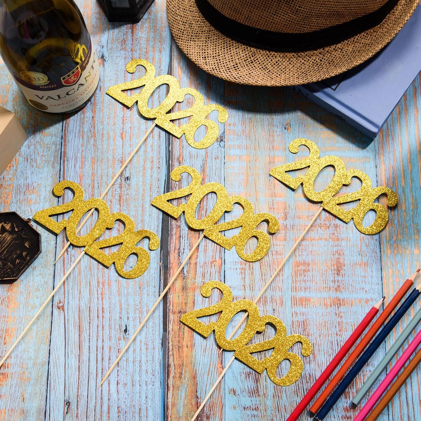 12 Pieces Glitter 2026 Centerpiece Sticks Black Double Sided 2026 Graduation Party Sticks 2026 Floral Picks Table Centerpiece Topper for 2026 Graduation New Year Party Decoration Supplies,4.9x9.1"
