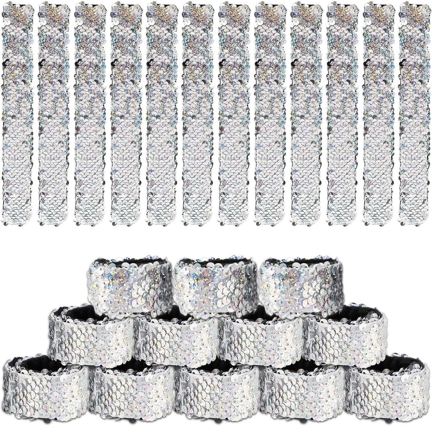 Justforjoyful 24Pcs Disco Party Decorations Slap Bracelets Silver Sequin Slap Bracelets Glitter Flip Wristband 70s and 80s Last Disco Bachelorette Sequins Laser Wristband Party Favors Supplies Decor