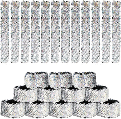 Justforjoyful 24Pcs Disco Party Decorations Slap Bracelets Silver Sequin Slap Bracelets Glitter Flip Wristband 70s and 80s Last Disco Bachelorette Sequins Laser Wristband Party Favors Supplies Decor