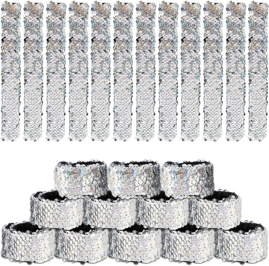Justforjoyful 24Pcs Disco Party Decorations Slap Bracelets Silver Sequin Slap Bracelets Glitter Flip Wristband 70s and 80s Last Disco Bachelorette Sequins Laser Wristband Party Favors Supplies Decor