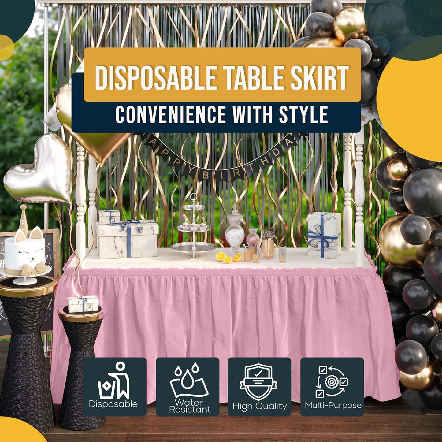 Exquisite Ruffle Table Skirt Black 6 Pack 14 Ft Long Table Skirts for Rectangle Tables 6ft Plus or Round Tables Skirts with Adhesive Strip for Gender Reveal Decor & Happy Birthday Parties