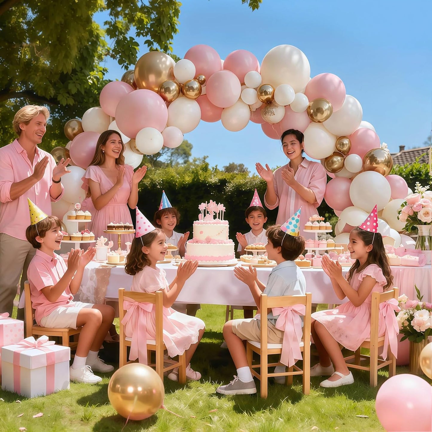 Pink Gold White Balloon Arch Kit - 144 PCs Pastel Light Pink and Beige Sand White Gold Chrome Balloons for Mothers Day Girls Women Birthday Bridal Shower Engagement Wedding Party Decorations