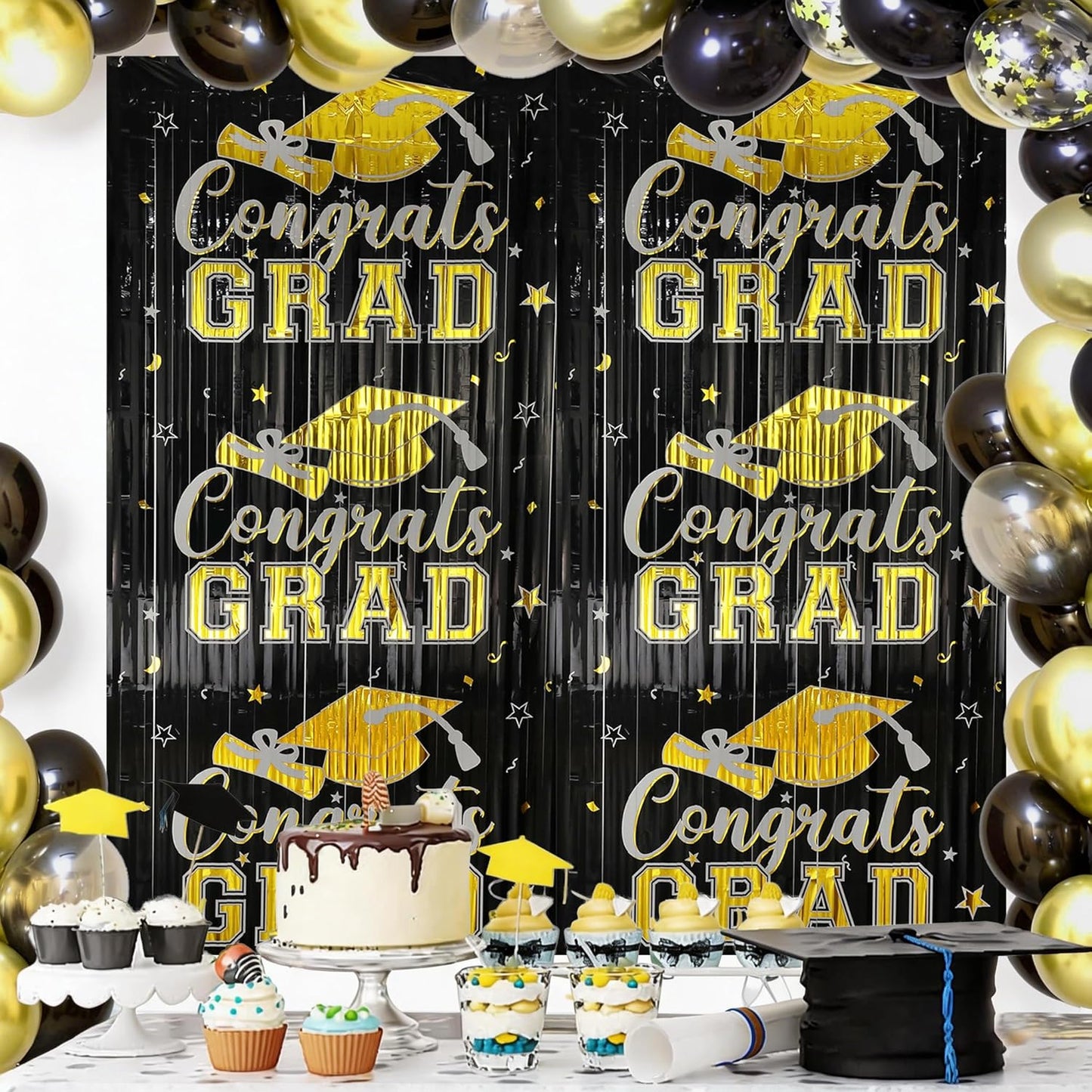 Gradution Party Suppiles Backdrop Decoration 2026, Claas of 2026 Streamer Tinsel Foil Fringe Curtains, Photo Booth Prop Backdrop, Black Grad Photo Backgrounds