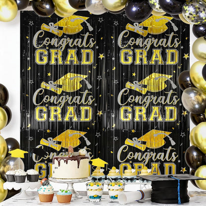 Gradution Party Suppiles Backdrop Decoration 2026, Claas of 2026 Streamer Tinsel Foil Fringe Curtains, Photo Booth Prop Backdrop, Black Grad Photo Backgrounds