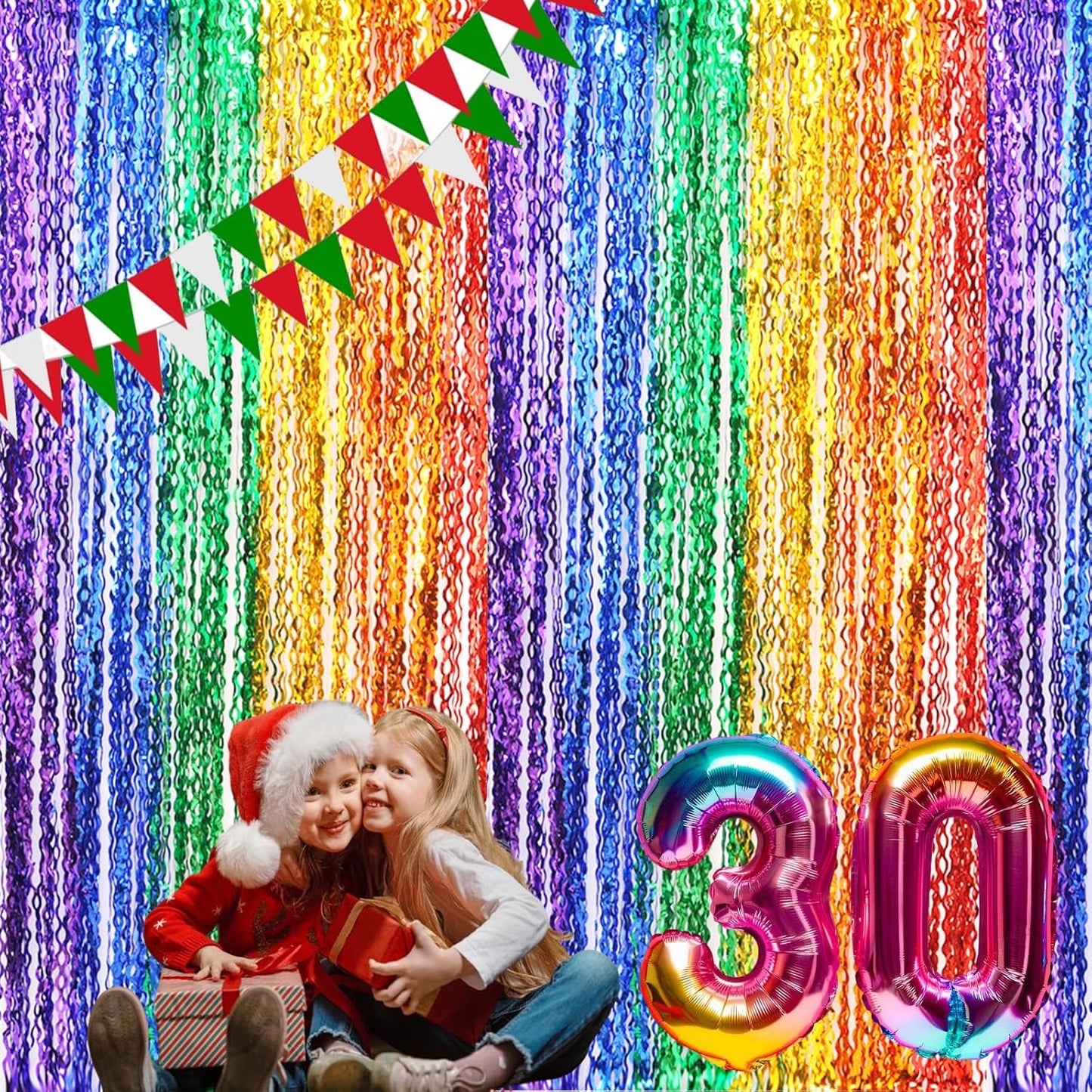 3 Pack Colorful Foil Fringe Curtain Backdrop - 6.6 x 3.3 ft Wavy Rainbow Tinsel Backdrop Curtain Metallic Streamers Iridescent Holiday Photo Booth Party Decorations