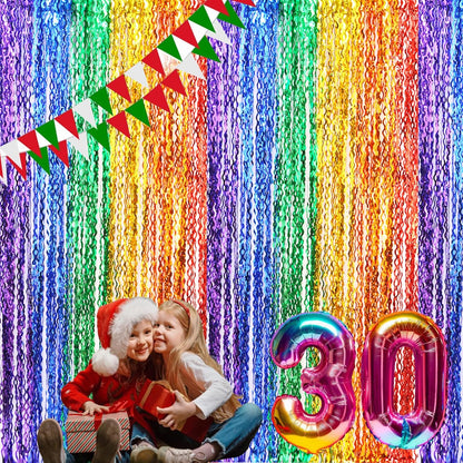 3 Pack Colorful Foil Fringe Curtain Backdrop - 6.6 x 3.3 ft Wavy Rainbow Tinsel Backdrop Curtain Metallic Streamers Iridescent Holiday Photo Booth Party Decorations
