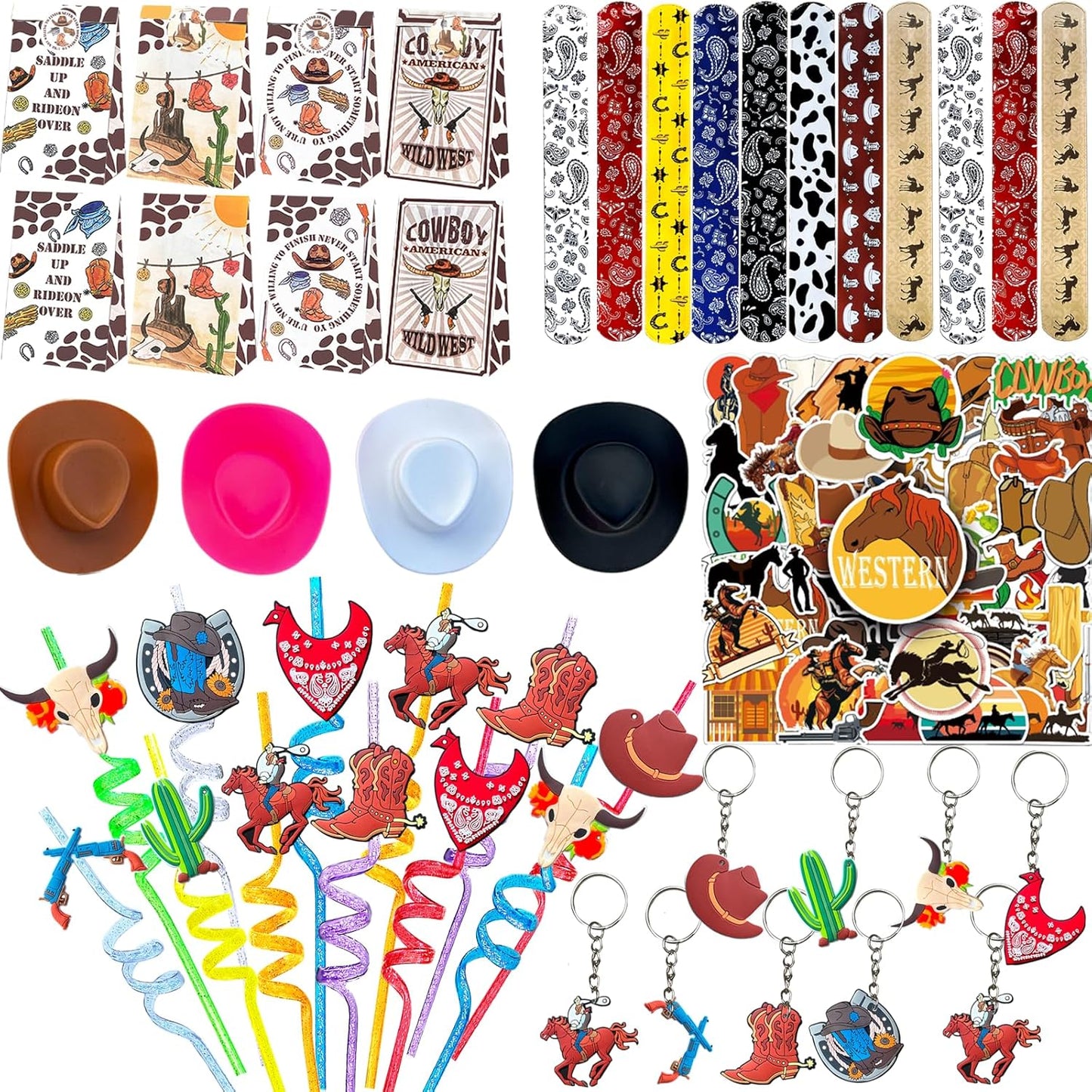 Mexican Fiesta Party Favor 122 PCS Mexican Themed 12 Slap Bracelets 12 Silicone Bracelets 50 Stickers 12 glitter drinking straws 12 Fiesta Keychains 12 Candy Bags 12 Bubble Wands for Mexican Party