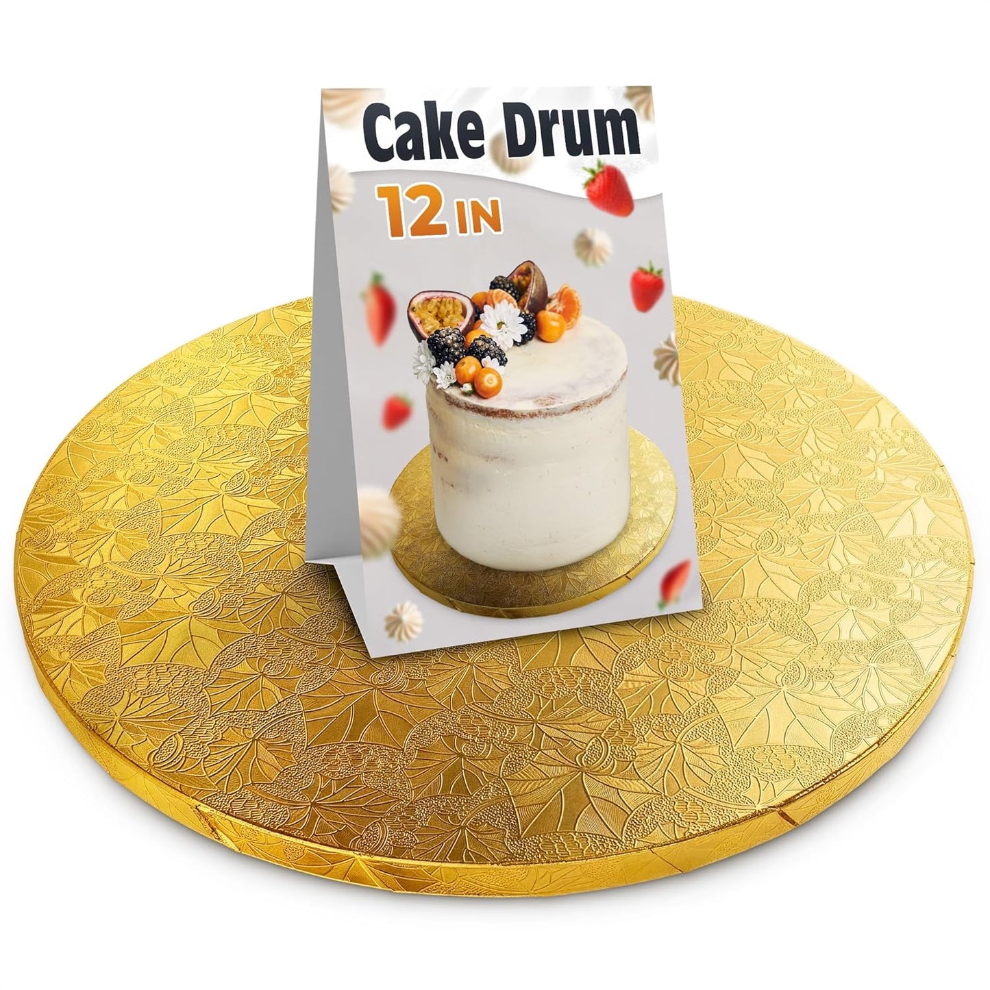 12 Inch Cake Drum, Black Cake Board for Picture-Ready Celebration Cakes, 1/2 Inch Thick Round Cardboard Base with Grease & Moisture Resistant Surface and Decorative Pattern for Parties and Weddings