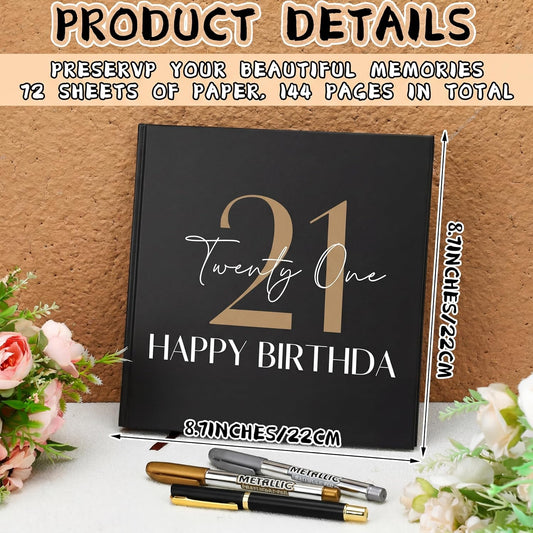 Engrowtic Birthday Scrapbook for 16th 18th 50th 60th, Happy Birthday Guestbook 7.87 x 7.87 Inches Photo Booth Album Signature Book with Gold Silver and Black Gel Pens, 72 Sheets