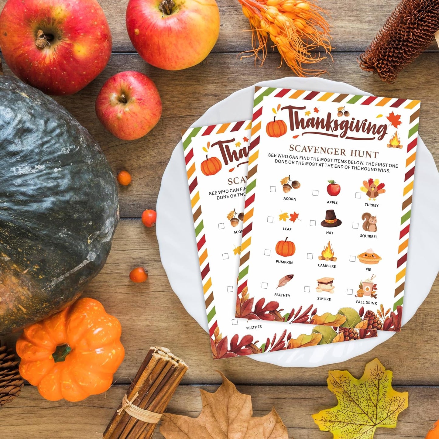 Thanksgiving Scavenger Hunt Game Set, 30 Harvest Stripes Theme Double-Sided Game Cards for Thanksgiving Parties, Family, Friends & Classroom Activities -B04