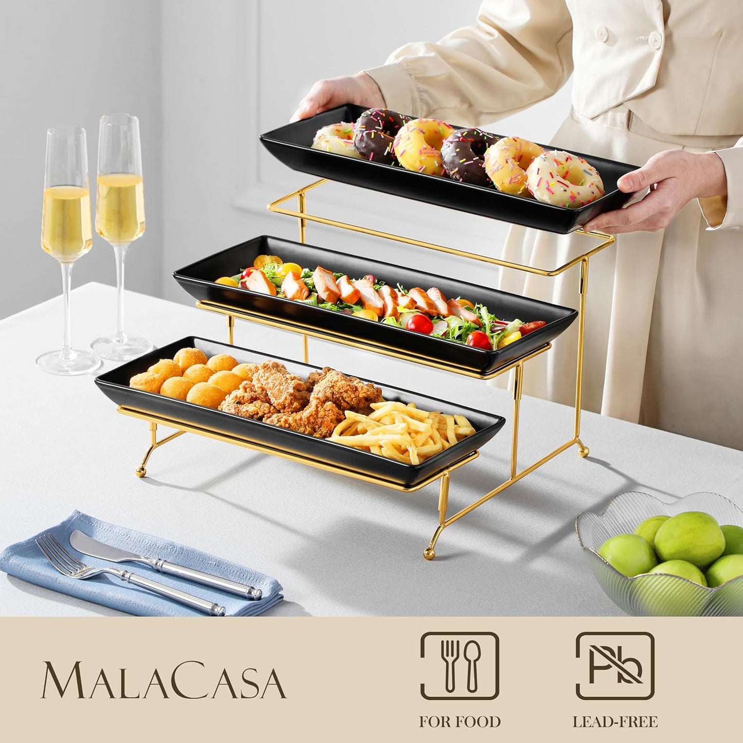 MALACASA 3 Tier Serving Trays for Party, Porcelain Serving Platters and Trays, 12 Inch Tiered Tray Stand, Fruit Tray, Trays for Serving Food, White Dessert Stand with Collapsible Sturdier Metal Rack