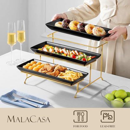 MALACASA 3 Tier Serving Trays for Party, Porcelain Serving Platters and Trays, 12 Inch Tiered Tray Stand, Fruit Tray, Trays for Serving Food, White Dessert Stand with Collapsible Sturdier Metal Rack