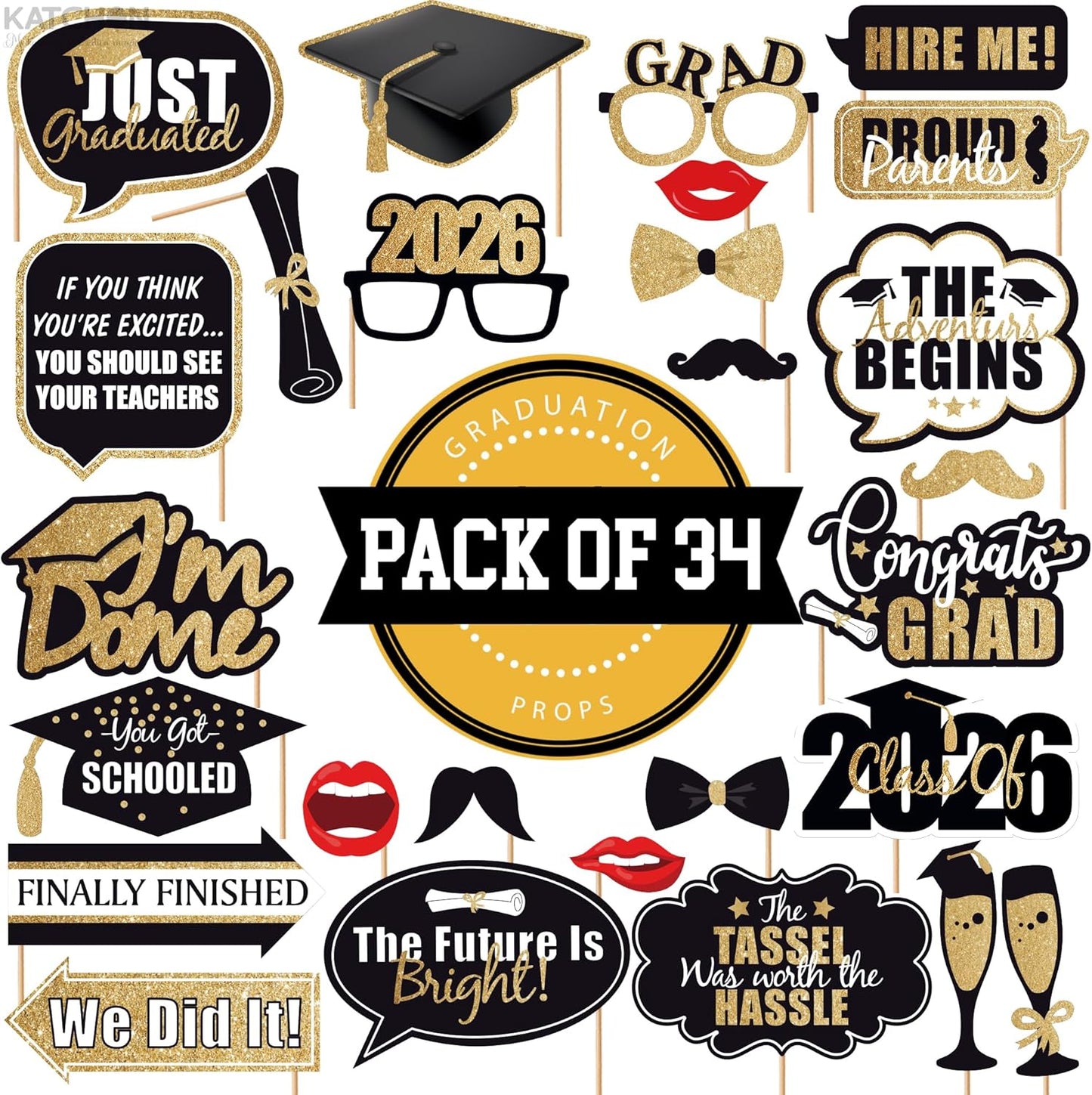 Graduation Decorations 2026 | Glitter Graduation Photo Props 2026 - Pack of 34 | Black and Gold Photo Props | Grad Photo Props for Congrats Grad Decorations | Graduation Party Decoration, KatchOn
