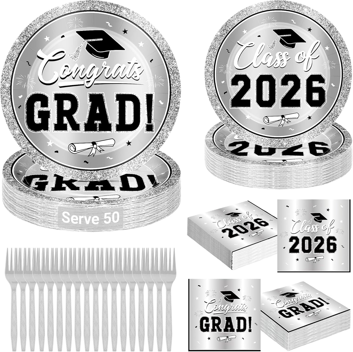 200Pcs Graduation Decorations 2026, Blue Graduation Plates and Napkins Party Supplies for 50 Guests, Disposable Grad Plates, Napkins, Dessert Plates and Forks for Grad Decor Wedding Birthday Supplies