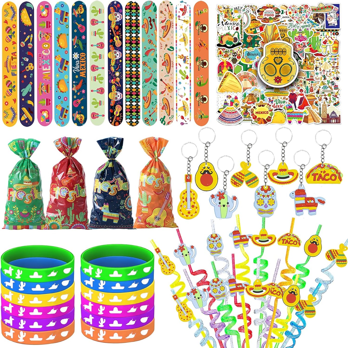 Mexican Fiesta Party Favor 122 PCS Mexican Themed 12 Slap Bracelets 12 Silicone Bracelets 50 Stickers 12 glitter drinking straws 12 Fiesta Keychains 12 Candy Bags 12 Bubble Wands for Mexican Party