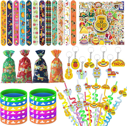 Mexican Fiesta Party Favor 122 PCS Mexican Themed 12 Slap Bracelets 12 Silicone Bracelets 50 Stickers 12 glitter drinking straws 12 Fiesta Keychains 12 Candy Bags 12 Bubble Wands for Mexican Party