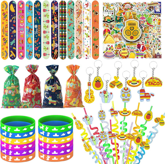 Mexican Fiesta Party Favor 122 PCS Mexican Themed 12 Slap Bracelets 12 Silicone Bracelets 50 Stickers 12 glitter drinking straws 12 Fiesta Keychains 12 Candy Bags 12 Bubble Wands for Mexican Party