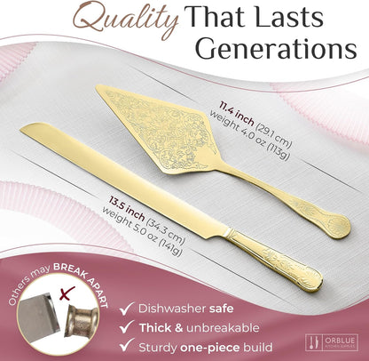 Orblue Wedding Cake Knife and Server Set - Premium, Beautifully Engraved Cutting Set - Elegant Keepsake for Newlyweds - Light Gold