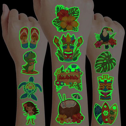 96 PCS Hawaiian Luau Pre-Cut Temporary Tattoos for Kids | Super Cute Themed Birthday Party Favors, Supplies, Decorations, Summer Fake Tattoo Stickers (Multiple)