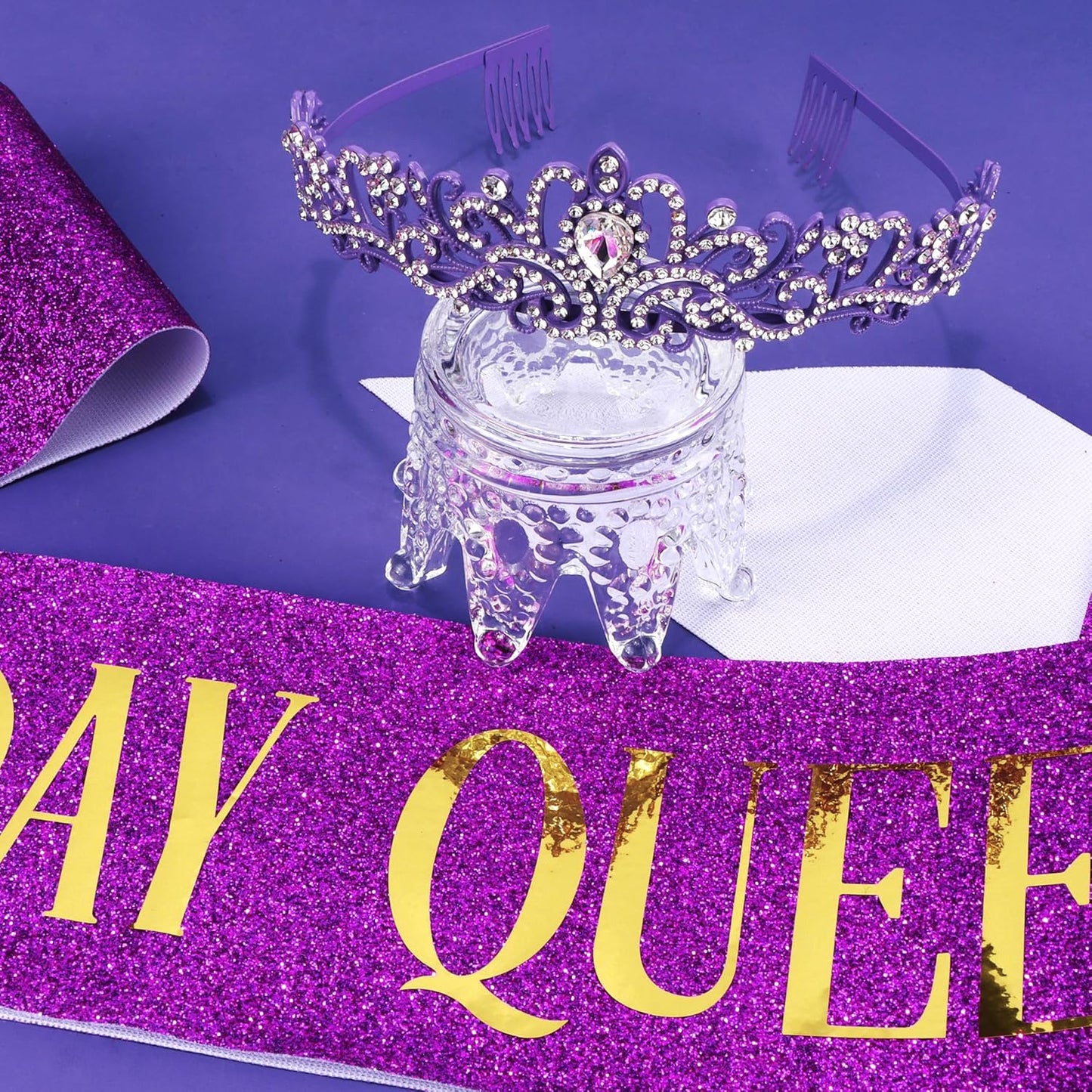 COCIDE Birthday Queen Sash & Rhinestone Tiara Set Gold Happy Birthday Crowns for Women Party Decoration Kit Rhinestone Headband for Women Glitter Crystal Hair Accessories for Cake Topper
