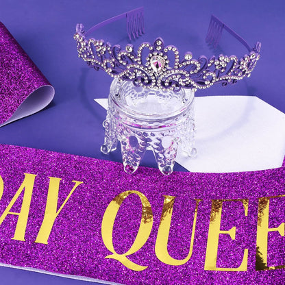 COCIDE Birthday Queen Sash & Rhinestone Tiara Set Gold Happy Birthday Crowns for Women Party Decoration Kit Rhinestone Headband for Women Glitter Crystal Hair Accessories for Cake Topper