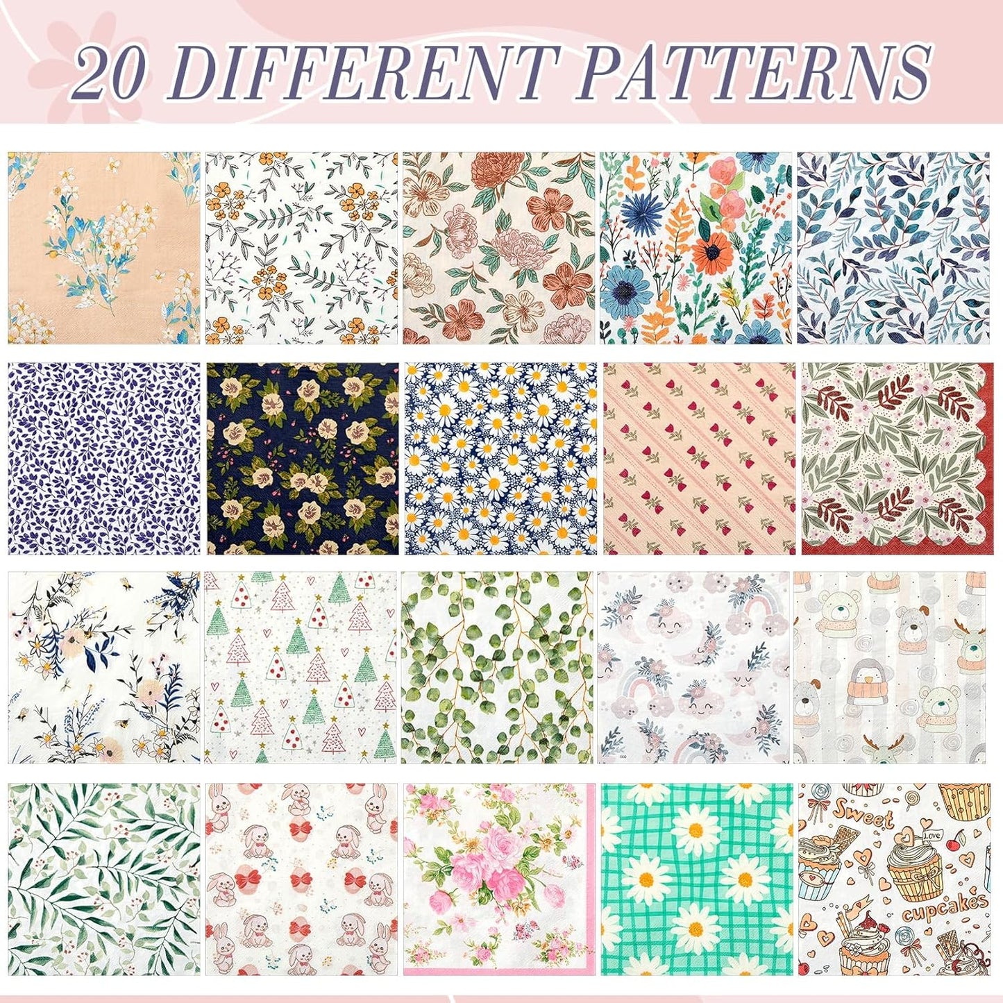 Crtiin 20 Pack Decoupage Napkins Floral Napkins Flower Cocktail Paper Decorative Toilet for Valentine's Day Birthday Party Beautiful Gorgeous, 20 Styles Each 6.5 Inches(Style 1)