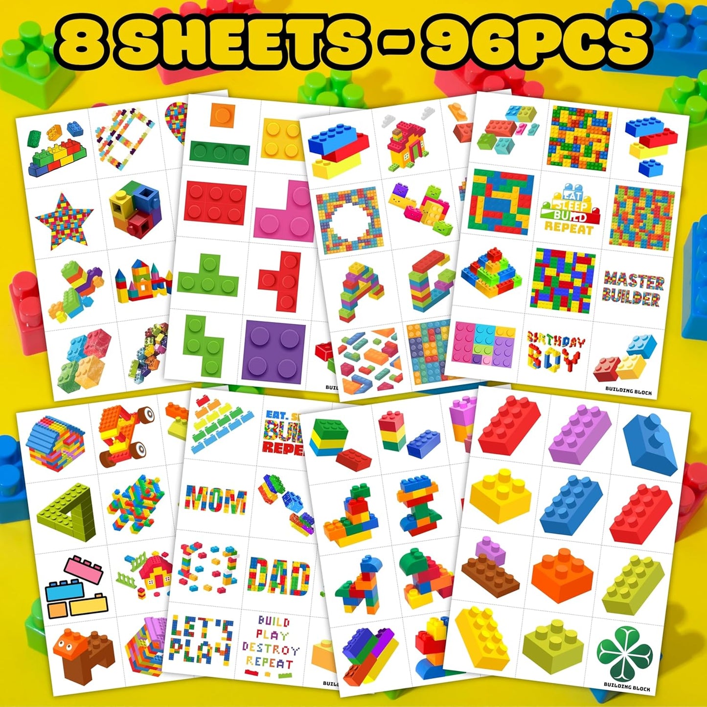 96PCS Building Block Pre-Cut Temporary Tattoos - Cute Party Favors for Kids, Boys & Girls | Birthday Party Supplies, Decorations, Stickers, Gifts, Classroom & School Prizes (Normal)