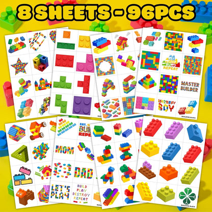 96PCS Building Block Pre-Cut Temporary Tattoos - Cute Party Favors for Kids, Boys & Girls | Birthday Party Supplies, Decorations, Stickers, Gifts, Classroom & School Prizes (Normal)