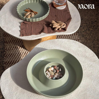 Mora Ceramic Chips and Dip Serving Tray: Large Divided Party Bowl Set for Chips & Salsa, Veggies & Dip, Fruit, Snacks, Entertaining, Hosting, etc. Minimalist Design for the Modern Hostess - White