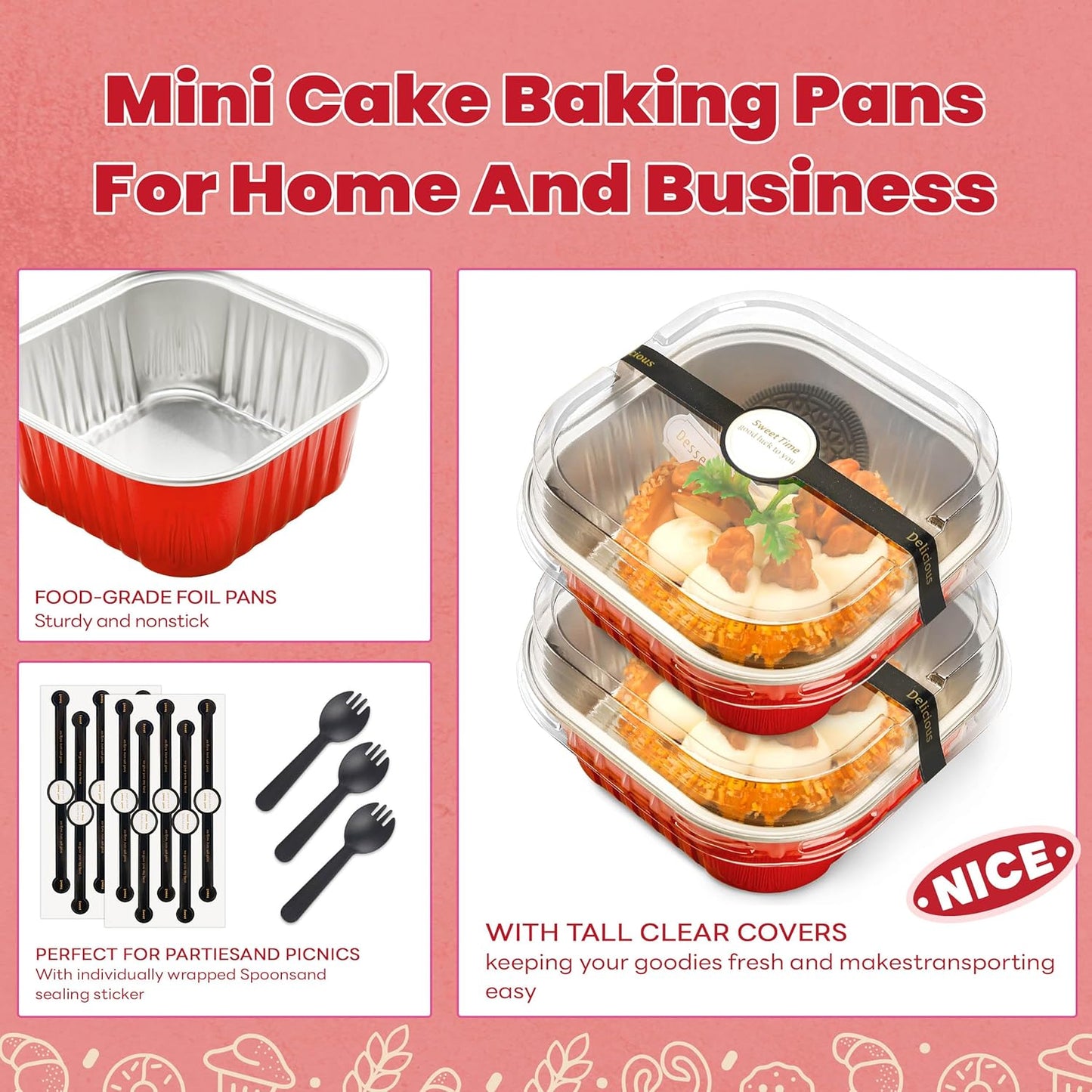 NPLUX 50 Pcs Mini Cake Pans with Lids and Spoons Aluminum Foil Mini Square Baking Cups with Lids Disposable Ramekins Cake Pans Dessert Cups for Wedding Mothers Day Gifts Party Favors(Pink,5oz)