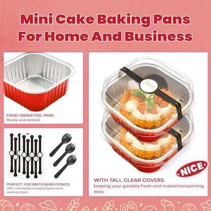 NPLUX 50 Pcs Mini Cake Pans with Lids and Spoons Aluminum Foil Mini Square Baking Cups with Lids Disposable Ramekins Cake Pans Dessert Cups for Wedding Mothers Day Gifts Party Favors(Pink,5oz)