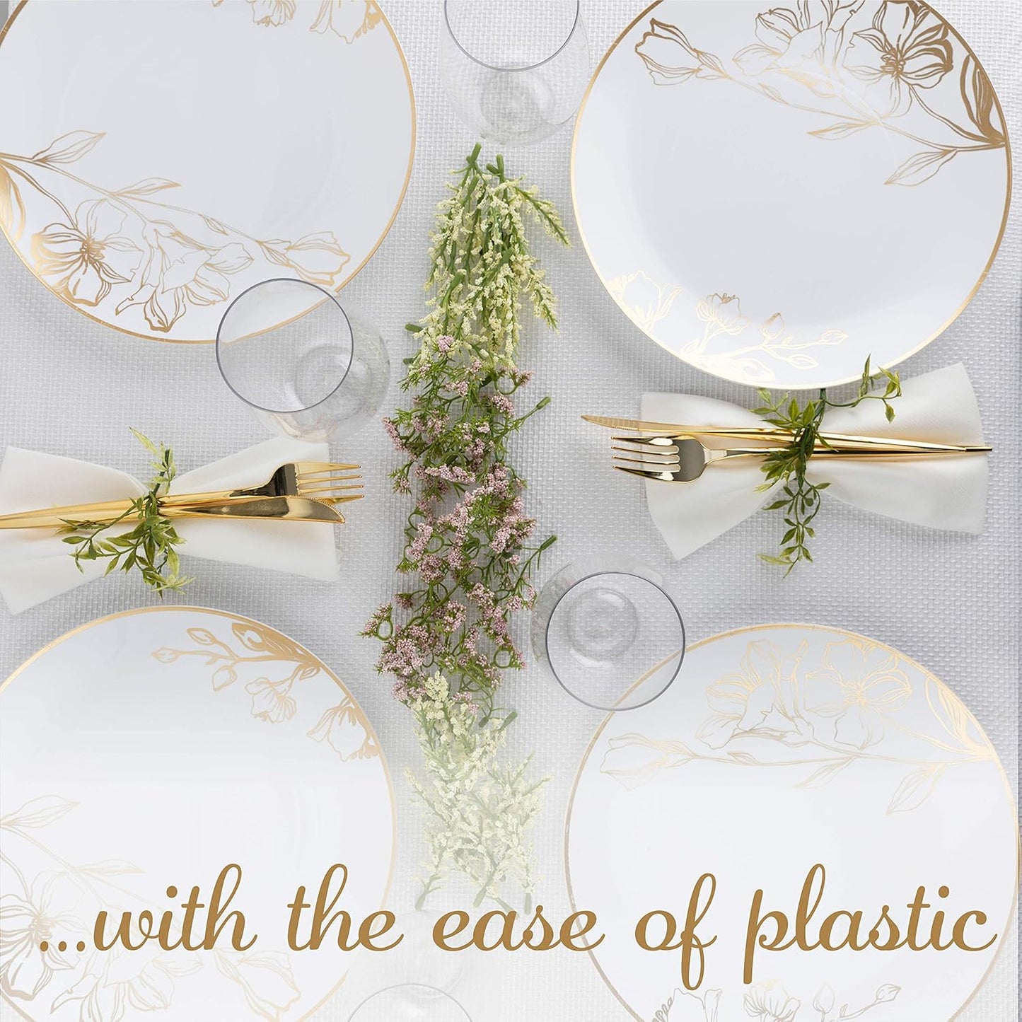 PLASTICPRO [16 OZ 20 Count] White Plastic Floral Design Party Soup bowls With Gold Rim Premium heavyweight Elegant Disposable Tableware Dishes