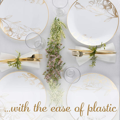 PLASTICPRO [16 OZ 20 Count] White Plastic Floral Design Party Soup bowls With Gold Rim Premium heavyweight Elegant Disposable Tableware Dishes