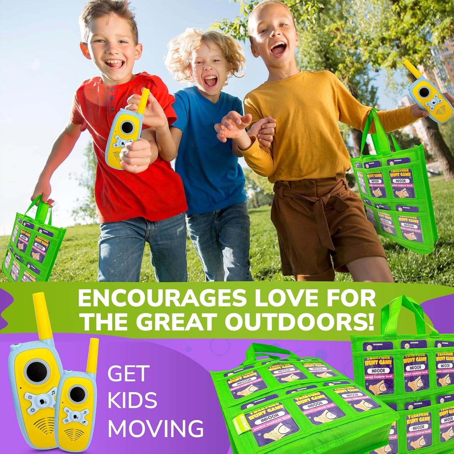 QUOKKA Scavenger Hunt for Kids Ages 4-8 - Treasure Hunting Outdoor Games for Kids 8-12 - 2 Walkie Talkies 2 Bags - 200 Outdoor & Indoor Cards - 3 Bracelets