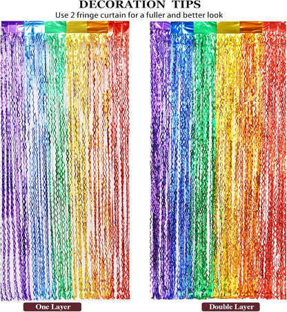 3 Pack Colorful Foil Fringe Curtain Backdrop - 6.6 x 3.3 ft Wavy Rainbow Tinsel Backdrop Curtain Metallic Streamers Iridescent Holiday Photo Booth Party Decorations