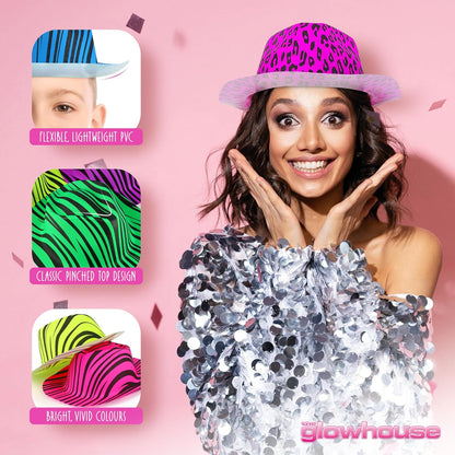 The Glowhouse Premium Neon Gangster Hats Plastic Fun Party Fedora UV Blacklight Glow Pack of 12 (Animal Print)