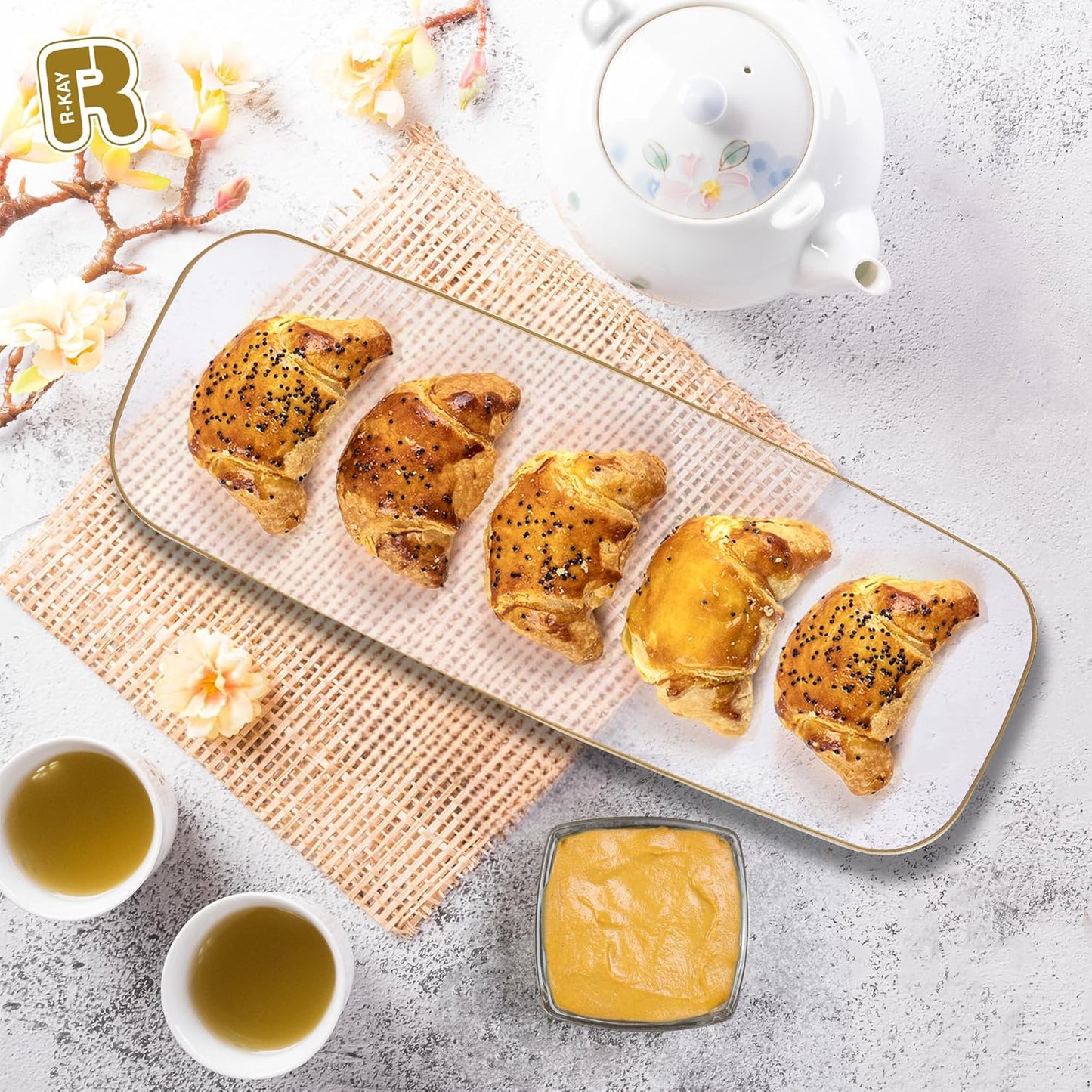 R-kay 4 Pack White Plastic Serving Trays for Party - White Serving Tray 17 by 6.5 in - Rectangular Heavy Duty Dessert Trays for Food