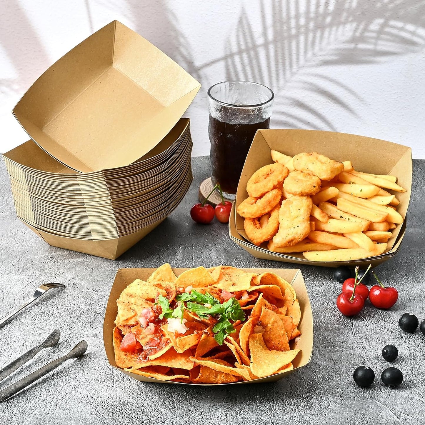 Ocmoiy 1lb Paper Food Trays, 100 Pack Heavy Duty Kraft Food Boats Holders Disposable Serving Basket Trays for Nachos, Fries, BBQ, Festivals, Party