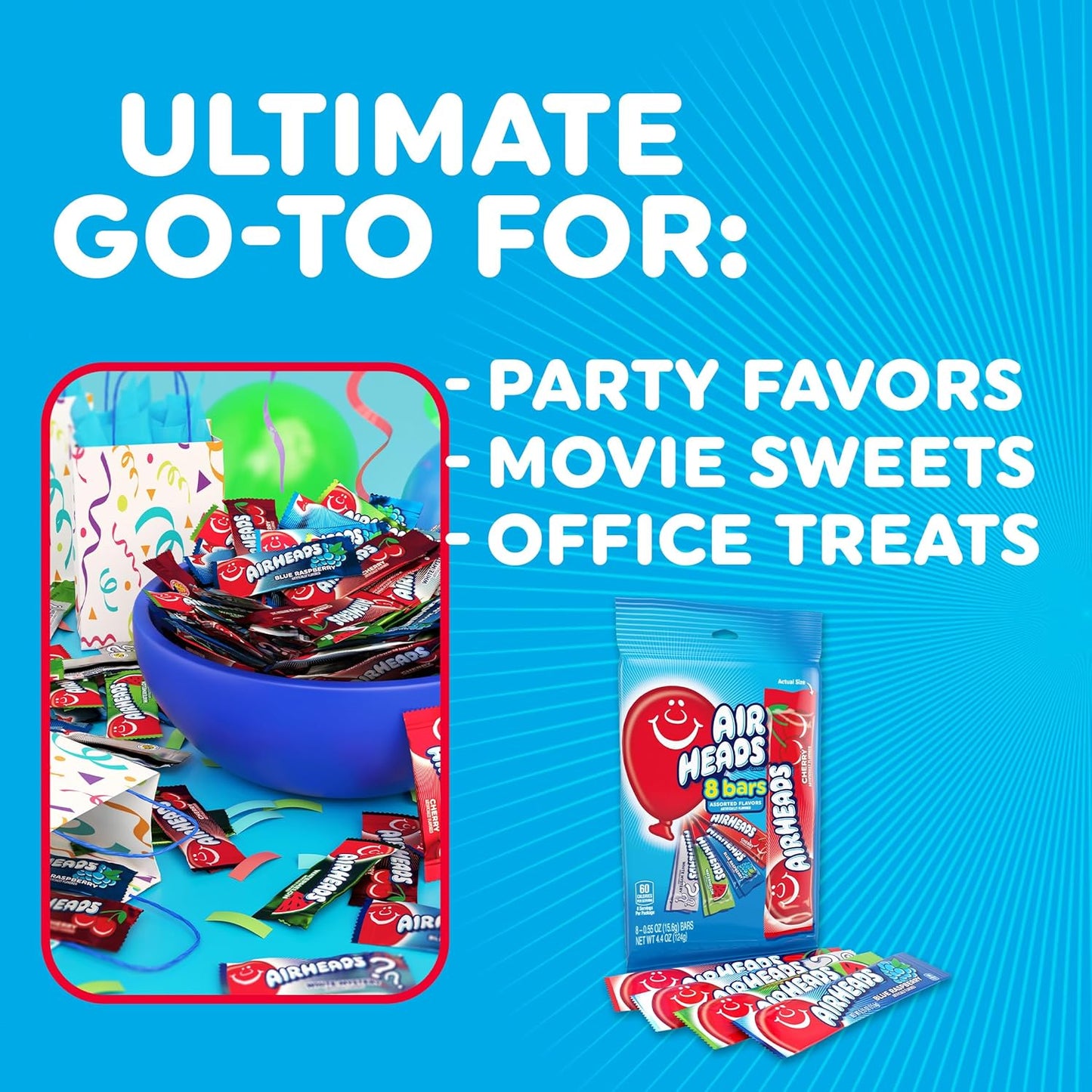 Airheads Full-Size Candy Bars, Taffy Candy Bulk Variety Pack, Individually Wrapped, Six Assorted Fruit Flavors Artificially Flavored, 60 Count Box