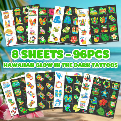 96 PCS Hawaiian Luau Pre-Cut Temporary Tattoos for Kids | Super Cute Themed Birthday Party Favors, Supplies, Decorations, Summer Fake Tattoo Stickers (Multiple)