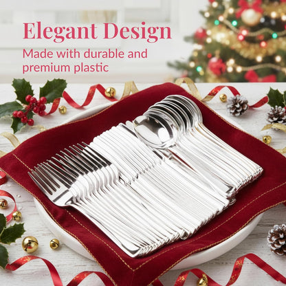 Prestee 300 Piece Heavy Duty Plastic Silverware Set - 100 of Each Silver Plasticware Forks, Spoons, Knives - Flatware Cutlery for Weddings - Durable Disposable Plastic Utensils for Catering, Buffets