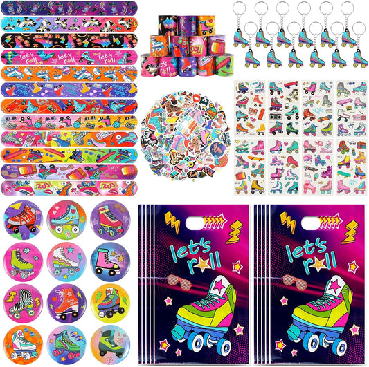Kolewo4ever 220 Pieces Roller Skate Party Supplies Set Bulk Slap Bracelets, Stickers, Key Chains, Pin Badges,Temporary Tattoos and Goodie Bag Fillers for Retro 1980s Hip Hop Party (Roller Skate)