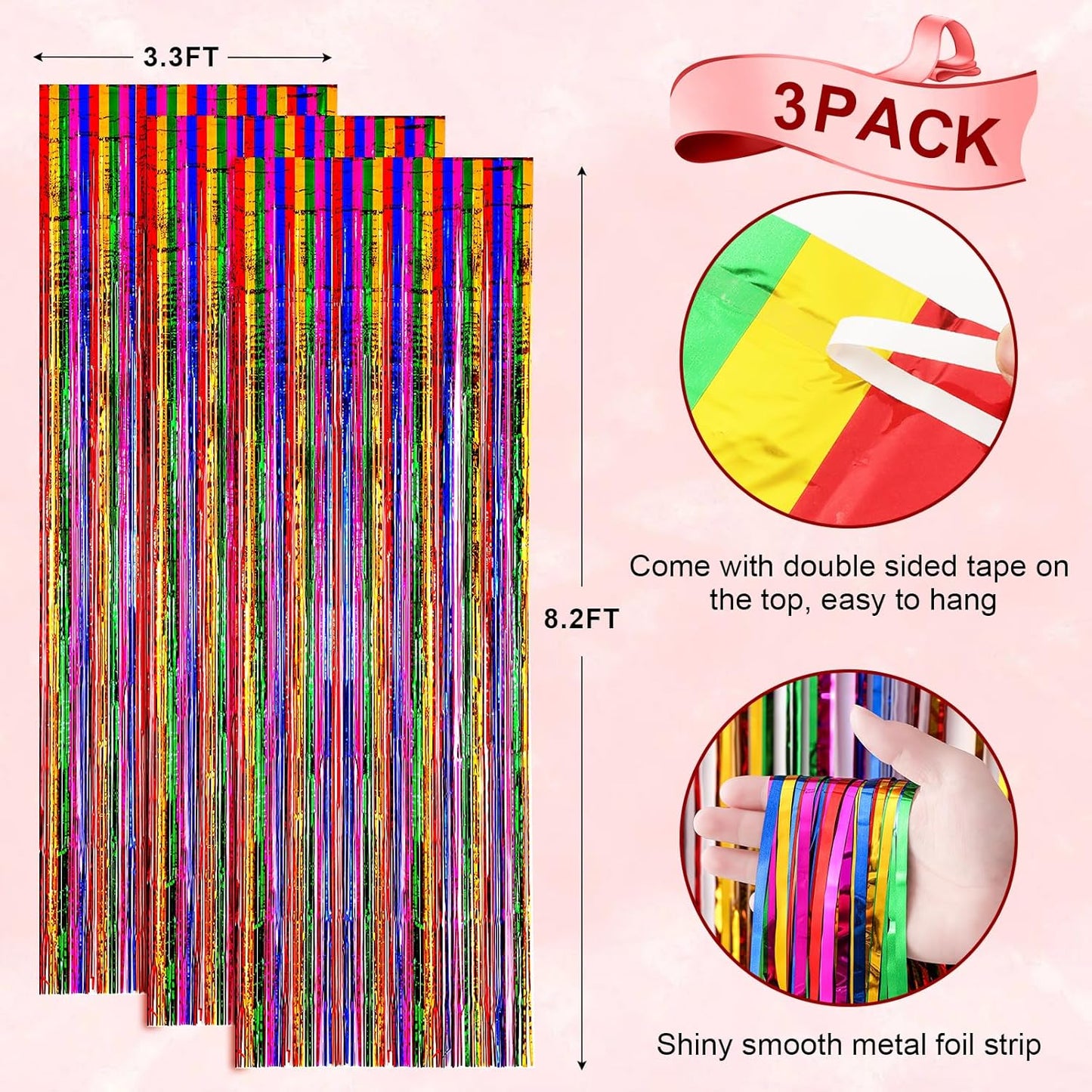 Voircoloria 3 Pack 3.3x8.2 Feet Gold Foil Fringe Backdrop Curtains, Tinsel Streamers, Fringe Backdrop for 2025 New Years Eve, Graduation, Birthday, Baby Shower, Gender Reveal, Disco Party - Colors A