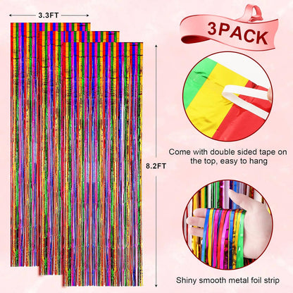 Voircoloria 3 Pack 3.3x8.2 Feet Gold Foil Fringe Backdrop Curtains, Tinsel Streamers, Fringe Backdrop for 2025 New Years Eve, Graduation, Birthday, Baby Shower, Gender Reveal, Disco Party - Colors A