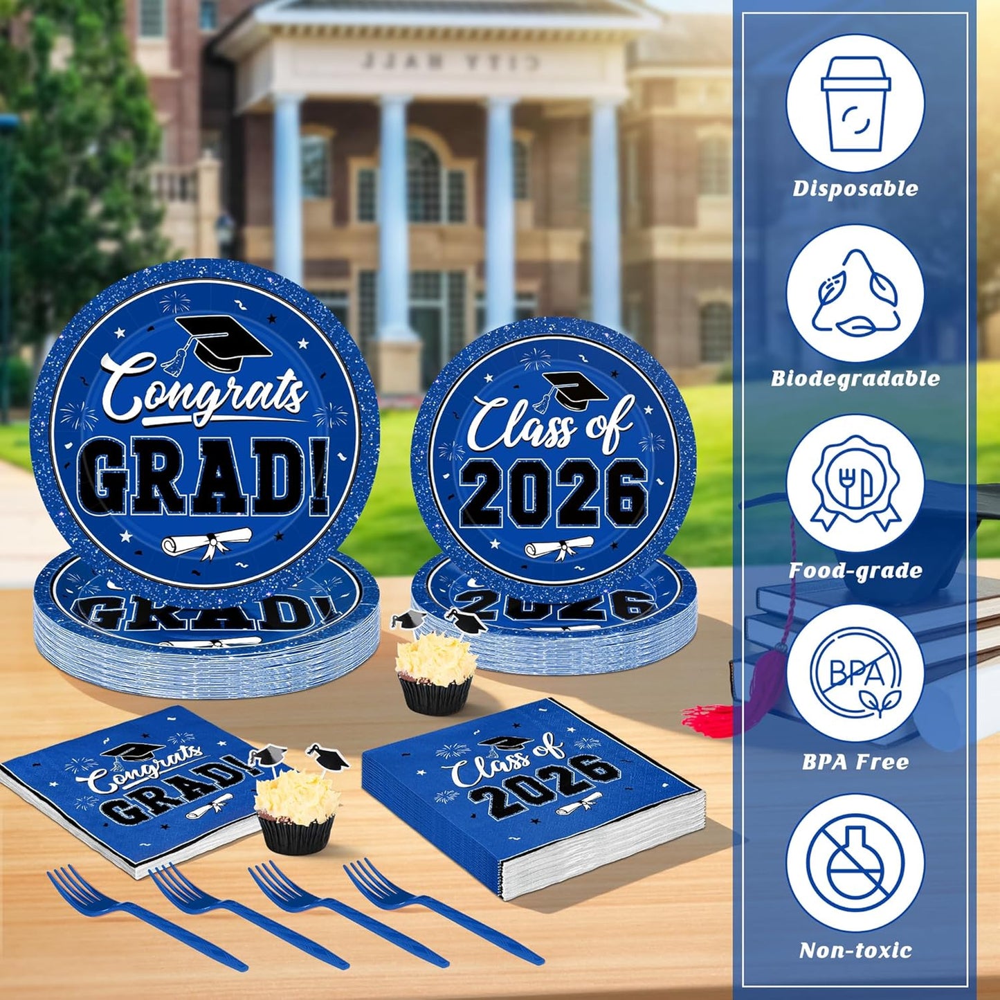 200Pcs Graduation Decorations 2026, Blue Graduation Plates and Napkins Party Supplies for 50 Guests, Disposable Grad Plates, Napkins, Dessert Plates and Forks for Grad Decor Wedding Birthday Supplies
