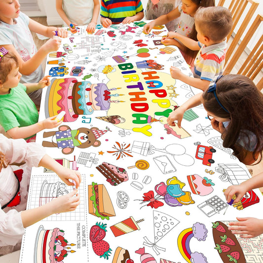 WNINK Giant Birthday Coloring Poster for Kids, 31 x 71 Inch Large Color-in Poster Tablecloth, Birthday Party Coloring Activity for Classroom, School, Kids Party Decorations