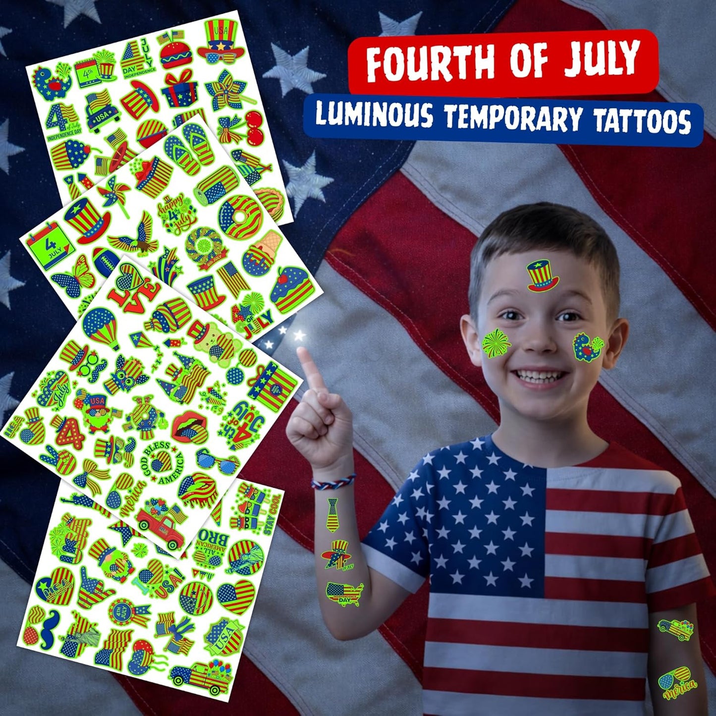 4th of July Temporary Tattoos - 105 PCS USA stickers Fourth of July Party Favors Supplies Decorations Patriotic Accessories Memorial Labor Independence Day Red White Blue American Flag