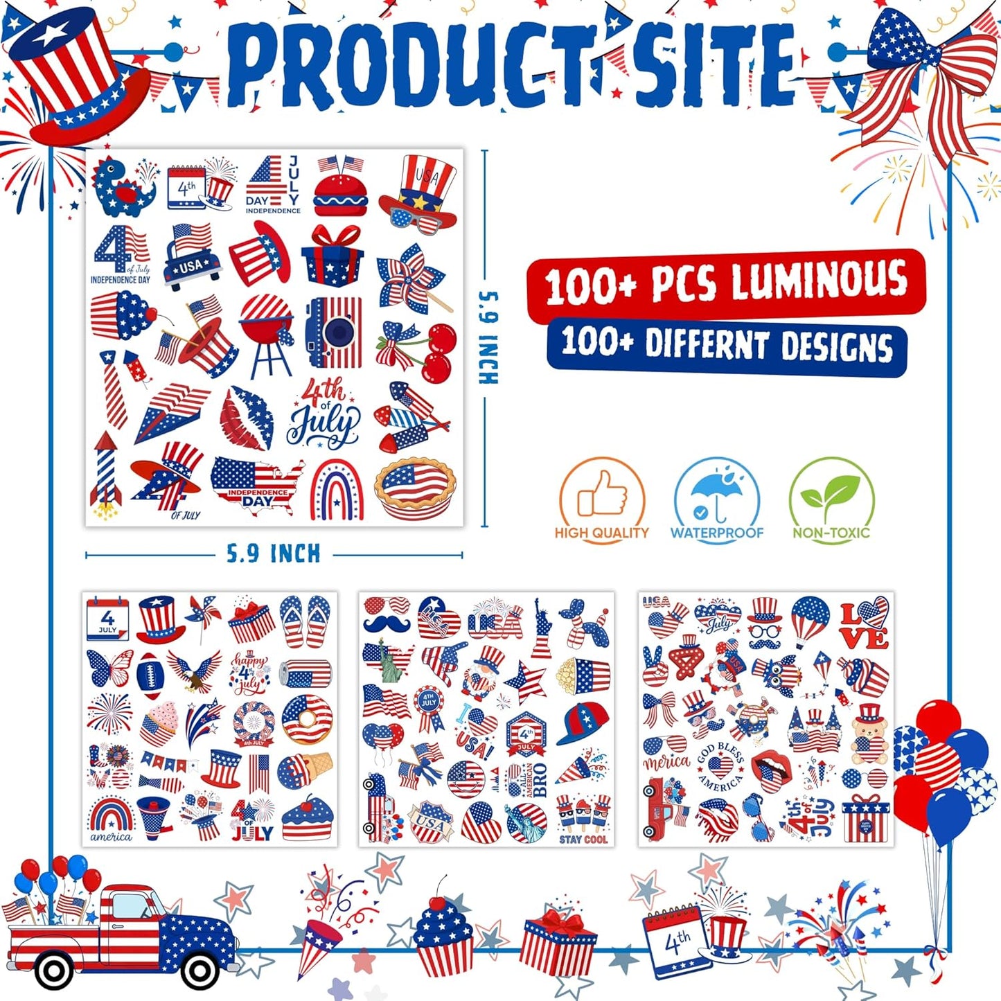 4th of July Temporary Tattoos - 105 PCS USA stickers Fourth of July Party Favors Supplies Decorations Patriotic Accessories Memorial Labor Independence Day Red White Blue American Flag