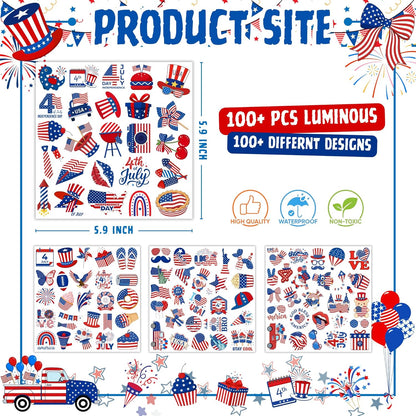 4th of July Temporary Tattoos - 105 PCS USA stickers Fourth of July Party Favors Supplies Decorations Patriotic Accessories Memorial Labor Independence Day Red White Blue American Flag