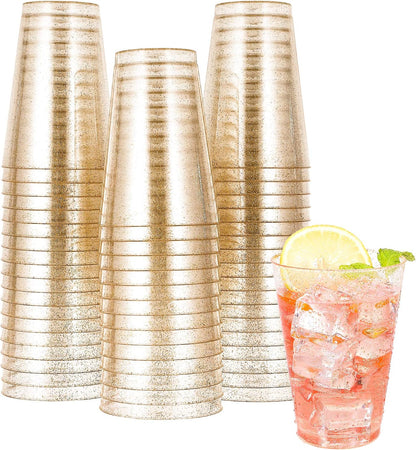 JOLLY CHEF 100 Pack 12 oz Gold Plastic Cups, Disposable Gold Cups, Heavy-duty Party Glasses for Wedding, Thanksgiving, Christmas Parties